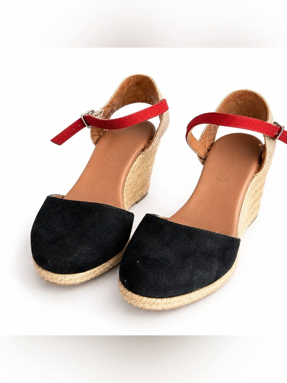 Women’s Black Suede Wedge Sandals with Red Ankle Strap